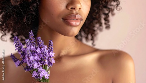 Beautiful African American Woman with Lavender Flowers.
