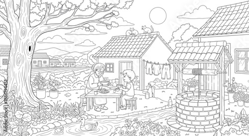 Happy Grandfather and Child Eating Outdoor Meal in Idyllic Village Garden. Rustic Family Line Art