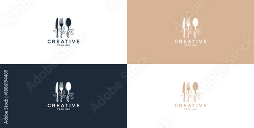 Healthy food logo template. Organic food vector design. Fork, spoon, and leaf logo.