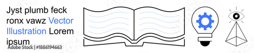 Knowledge sharing, creativity, education, problem solving, innovation, design. Open book, light bulb with gear pyramid with an eye and abstract text block. Knowledge sharing and creativity ion