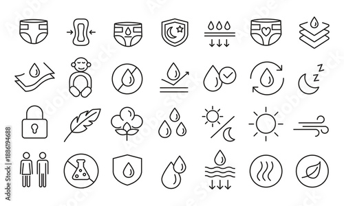 Baby Diaper Features Outline Icons ? Editable Stroke Vector Set, Diaper Technology and Care Features Outline Icons Vector Set..eps