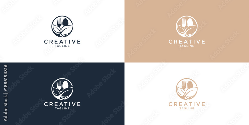 Fototapeta premium Healthy food logo template. Organic food vector design. Fork, spoon, and leaf logo.