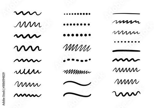 Set of hand-drawn wavy lines, dashed strokes, and curly zig-zag brush patterns. Minimalist black vector collection for underline, decorative divider, and creative border design isolated on white backg