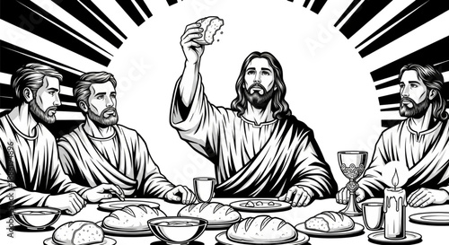 Jesus and Disciples Sharing Meal. Breaking Bread, Spiritual Blessing. Black and White Religious Illustration for Holy Week.