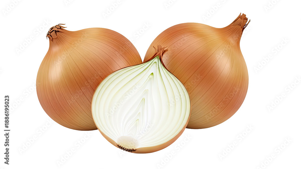 Fototapeta premium Two Whole Yellow Onions and One Halved Onion