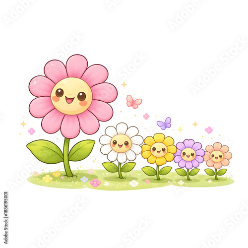 Adorable cartoon flowers with big smiling faces, blooming cheerfully in a vibrant green garden, depicting joy, friendship, and the beauty of nature in a playful and whimsical illustration