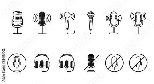 Set of Microphone and Audio Icons Featuring Studio Mic Headset and Mute Symbols in Line Art and Silhouette Style for Podcast Broadcast and Communication Concept Vector