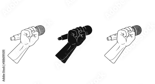 Set of Hands Holding Microphones in Line Art and Black Silhouette Style for Press Conference Interview and Freedom of Speech Concept Vector