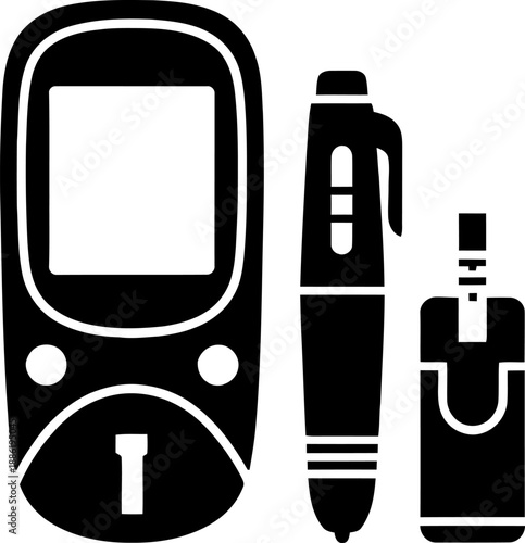Black and white illustration of a blood glucose meter, pen, and test strip