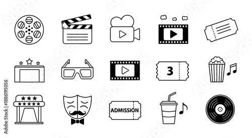 Set of Cinema and Movie Theater Line Icons Featuring Film Reel Clapperboard Tickets Popcorn and Video Camera Outline Vector