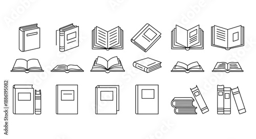Set of Minimalist Book Line Icons Featuring Open and Closed Books, Textbooks, and Notebooks Outline Vector Illustration