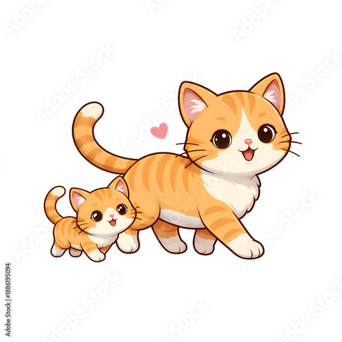 Cute Orange Tabby Cat Family Illustration with Heart