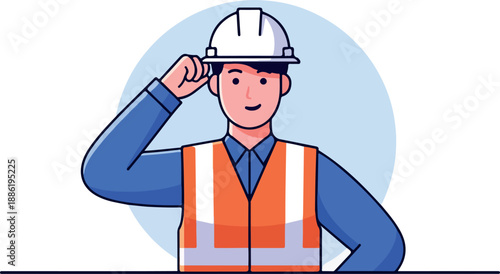 Male Construction Worker Wearing Hard Hat and Safety Vest Flat Design Character