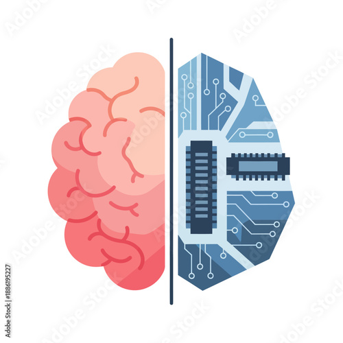 Human Brain and Microchip Comparison Illustration.