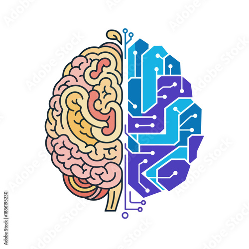 Human Brain and Circuit Board Illustration.