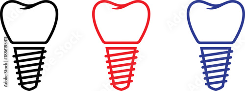 Dental implants, three colored tooth icons, black, red, blue, on white background, medical symbols.
