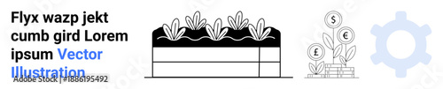 Sustainable agriculture, financial growth, economic progress, eco-friendly business, investment strategies, green technology. Plants growing in soil, coins and gear symbols. Sustainable agriculture
