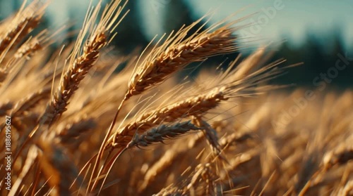 Golden wheat swaying gently in the breeze on a sunny day in a vast field captured from a close-up viewpoint