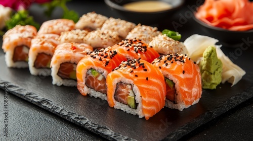 Elegant composition of freshly-made salmon sushi varieties on minimalist black stone plate, featuring vibrant orange-pink salmon nigiri, inside-out rolls with sesame seeds, traditional maki with