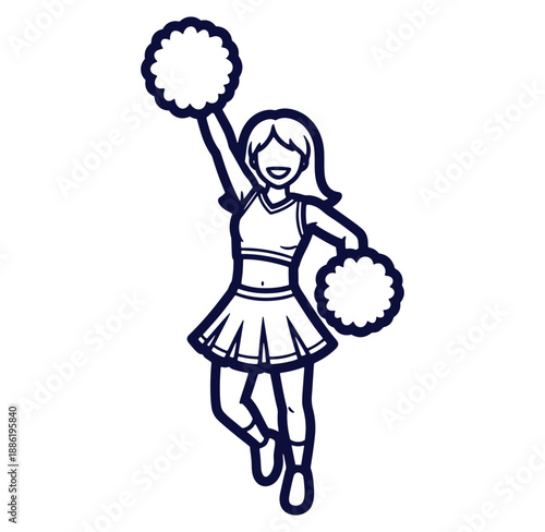 Cheerful outline illustration of a cheerleader with pom poms performing a cheerleading routine