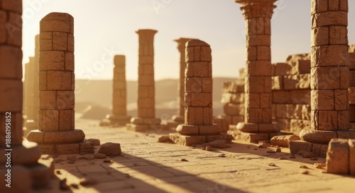 Ancient desert ruins with crumbling stone columns and walls under a warm, hazy sky.