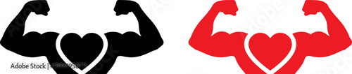 Flexing heart muscle icons, strong symbol, love fitness concept