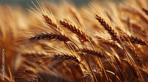 Golden wheat stalks swaying gently in the wind, a serene scene captured in a close-up view of a vast field