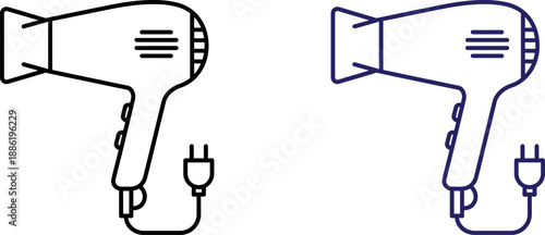 Hair dryer line icons, black and blue, on white background