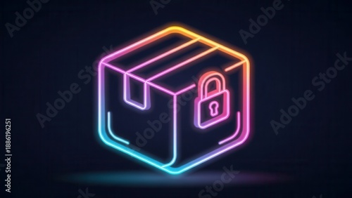 Vibrant neon protected package delivery icon illuminating secure logistics and digital commerce