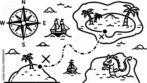 Adventure treasure map vector black silhouette print design
