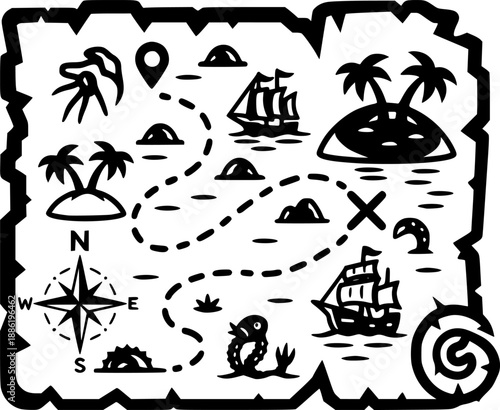 Adventure treasure map vector black silhouette print design
