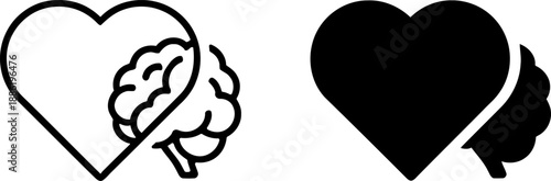 Heart and brain symbols in black and white, love and intelligence concept
