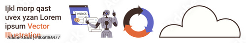 Artificial intelligence, automation systems, cloud services, data-driven projects, digital workflows, machine learning. Robot holding a clipboard, cycle icon text and cloud outline. Artificial