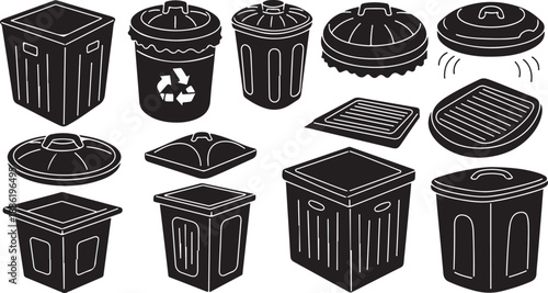 Black and white trash can icons and recycling bins