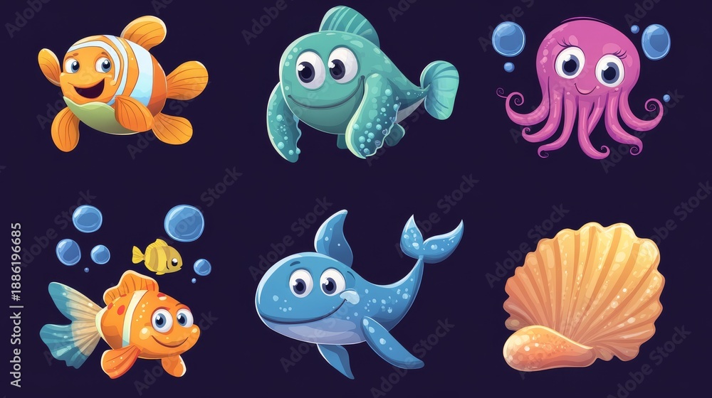 Obraz premium Adorable rounded cartoon underwater animal icons with big expressive eyes, featuring orange and yellow striped clownfish with oversized fins, smiling green sea turtle with patterned shell, purple