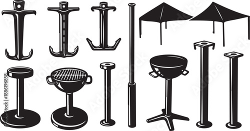 Black and white illustration of various metal stands and anchors