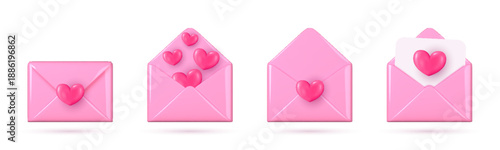 3D cartoon love letter icon set with envelopes and hearts. Valentine message and romantic email concept. Vector illustration.