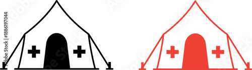 Medical tent icons, black and red cross symbols, emergency shelter signs