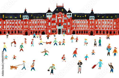 手描き水彩イラスト　東京駅で行き交う人々