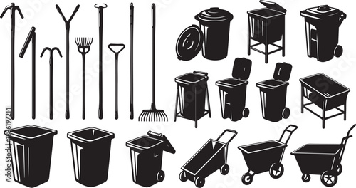 Collection of trash cans and cleaning tools illustration set