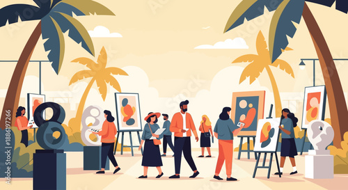 A lively flat design illustration showcasing a diverse crowd enjoying an outdoor art festival under tropical palm trees, highlighting community and artistic appreciation. 