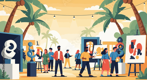 A lively flat design illustration showcasing a diverse crowd enjoying an outdoor art festival under tropical palm trees, highlighting community and artistic appreciation. 