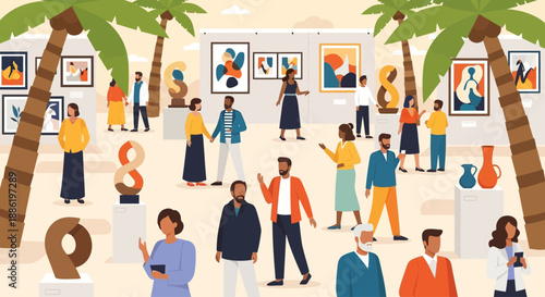 A lively flat design illustration showcasing a diverse crowd enjoying an outdoor art festival under tropical palm trees, highlighting community and artistic appreciation. 