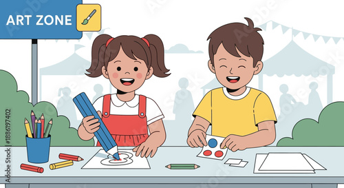 A cheerful flat design illustration depicting children joyfully participating in an art activity at the Coconut Grove Arts Festival. This 2D vector highlights the event's engaging and educational 