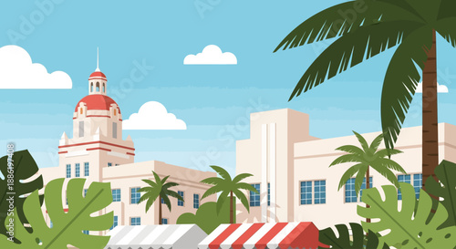 A distinctive flat design illustration combining iconic Coconut Grove architecture with festive elements of the annual arts festival. This 2D vector captures the unique local flavor of the event.