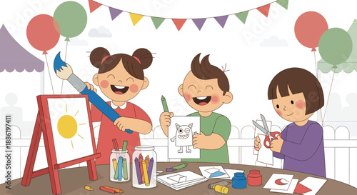 A cheerful flat design illustration depicting children joyfully participating in an art activity at the Coconut Grove Arts Festival. This 2D vector highlights the event's engaging and educational 
