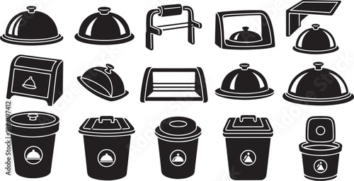 Black and white icons of covered dishes and recycling bins
