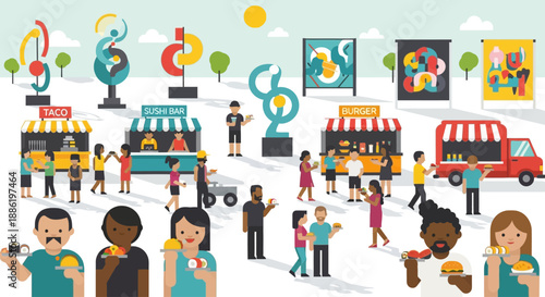 A delightful flat design illustration of a food vendor serving delicious street food at the Coconut Grove Arts Festival. This 2D vector highlights the culinary delights available at outdoor events.