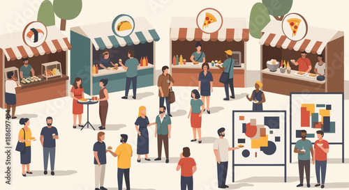 A delightful flat design illustration of a food vendor serving delicious street food at the Coconut Grove Arts Festival. This 2D vector highlights the culinary delights available at outdoor events.