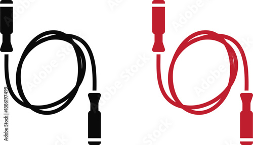 Professional Jump Rope Fitness Vector Icons Set , Black and Red Skipping Rope Graphics